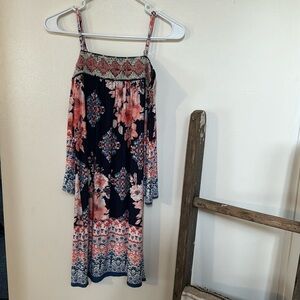 TRIXXI Clothing Company Mid-Sleeve Dress in Blue, Peach, and White (Size Small)